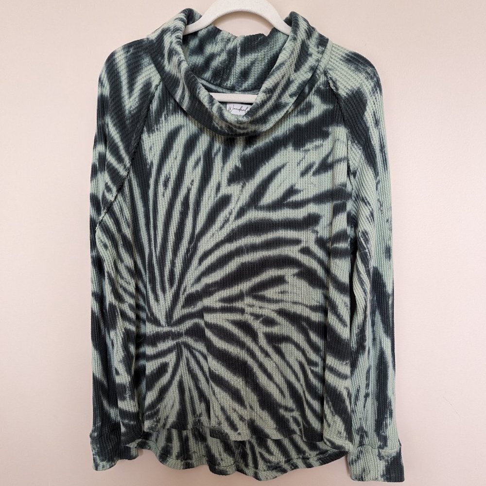 Wonderly mint green and black tie dye waffle knit cowl neck long sleeve XL EUC
